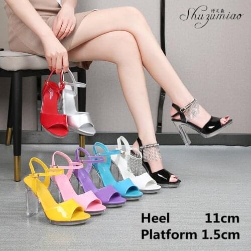 Sweet Crystal Shoes Sexy Fish Mouth 11CM Super High Heel Sandals Patent Leather Word With Pole Dancing Shoes Women Summer New