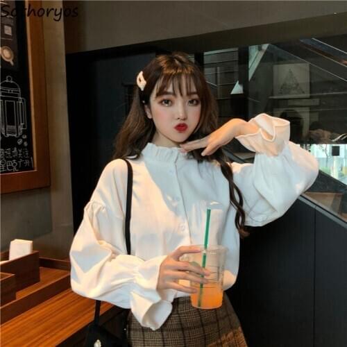 Women Shirts Autumn Ruffled Designed Lantern Sleeve Basic All-match New Arrival Casual Kawaii Cozy Trendy Womens Outwear Daily