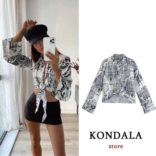 KONDALA Za Women Shirts Vintage Geometric Print Oversized Short Shirts Female Streetwear Fashion 2021 Long Sleeve Chic Mujer Top