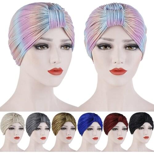 Women Metallic Pleated Turban Shiny Hijab Head Wrap Beanie Hat Muslim Chemo Cap Fashion Designs Solid Headwear Hair Accessories