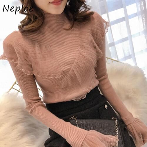 Neploe Lace Patchwork Half High Collar Ladies Knitted Bottoming Pullovers Long Sleeve Gauze Ruffles Silm Sweater Autumn Women