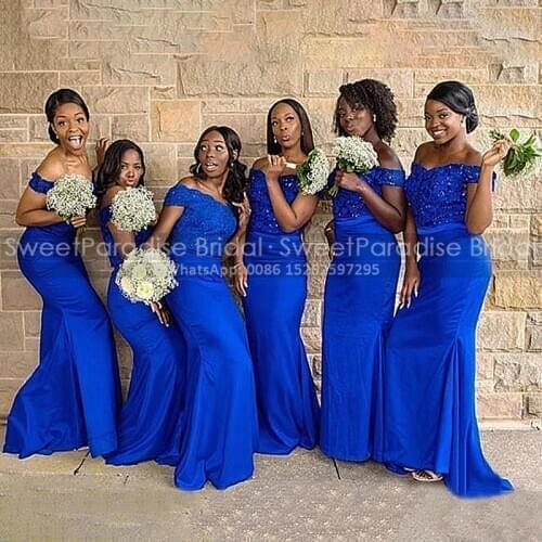 Royal Blue Appliques Mermaid Bridesmaid Dresses With Beads 2021 Off Shoulder African Women Long Dress Wedding Party Formal