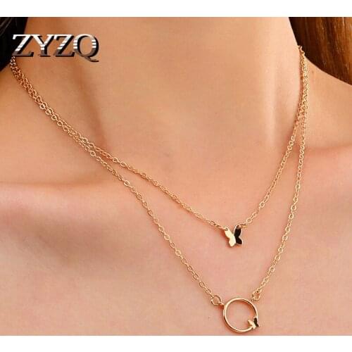 ZYZQ Korean Fashion Simple Double Layered Butterfly Necklace For Women Sweet Temperament Clavicle Chain Personality Jewelry