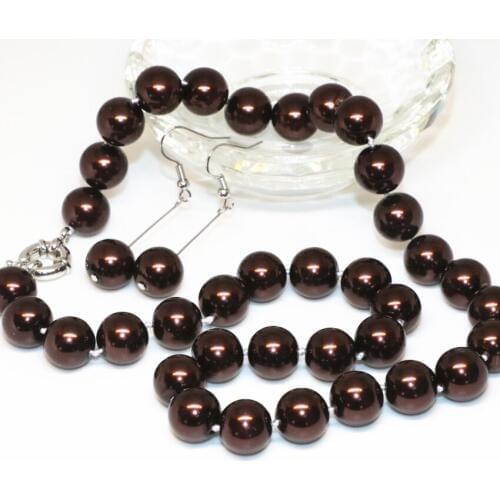12mm round simulated-pearl shell beads necklace earrings elegant European & American style chocolate jewelry set 18inch B2342
