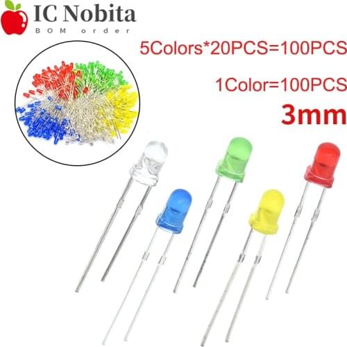 100PCS 3mm LED Light Diodes Round F3 Red Green Orange Purple Yellow Blue White Lamp Emitting Diode Kit Assorted DIY Good Quality
