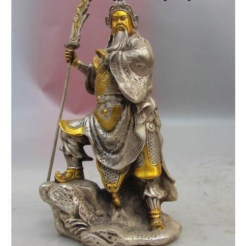 9" China Tibet Silver gild Warrior Guan Gong Yu Buddha Hold Dragon Sword Statue
