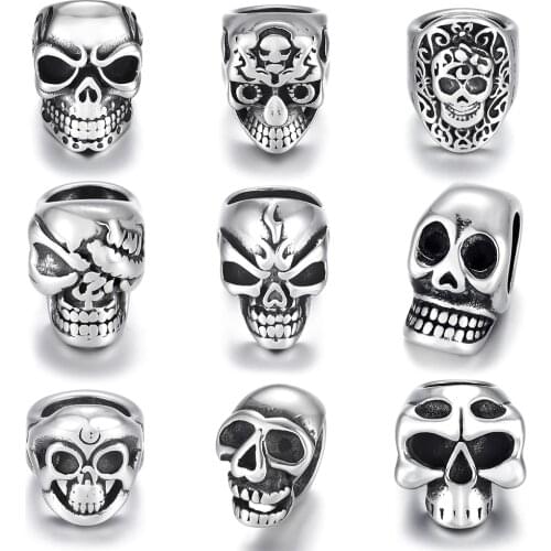 Stainless Steel Skull Beads Metal Spacer Large Hole 8mm Charm Slider DIY Men Bracelet Making Supplies Handmade Jewelry Findings