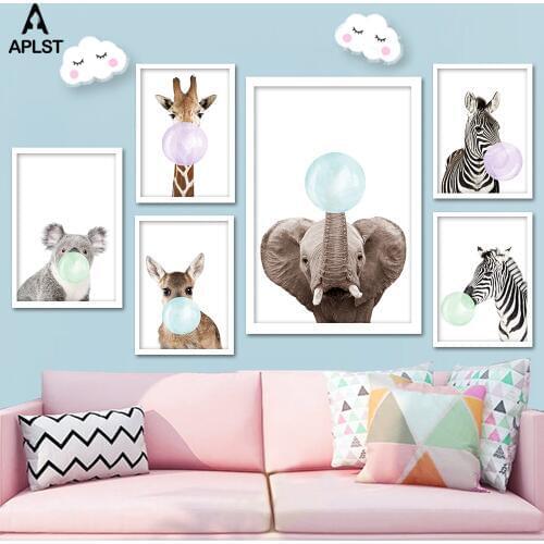 Baby Giraffe Zebra Elephant Colorful Bubble Gum Nursery Posters and Prints Animal Canvas Painting Wall Art Kids Bedroom Picture