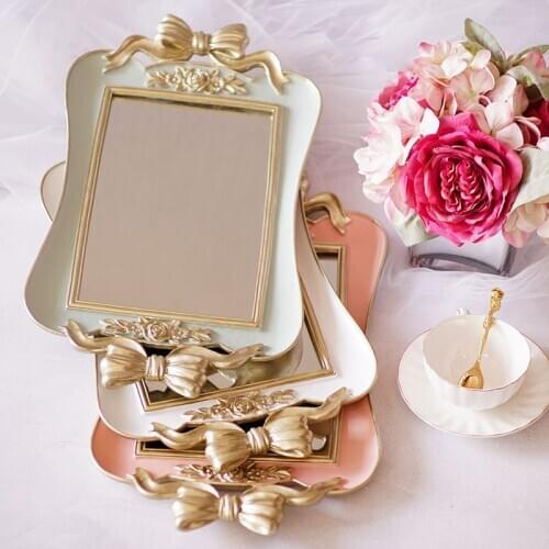 FRENCH LUXURY BOW RETRO MIRROR TRAY LARGE HOME BATHROOM GLASS CAKE FRUIT TEA CUP SKIN CARE PRODUCT STORAGE TRAY HOME DECORATION