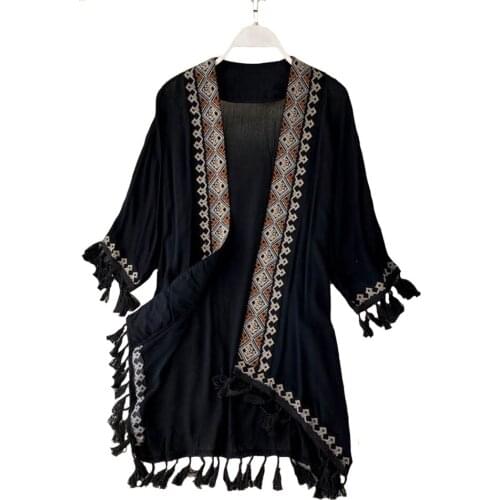 White Cotton Kimono Ethnic Embroidery Robe Woman Long Tassel Blouse Cardigan Summer Boho Beach Tassle Bohemian Cover Up Bikini