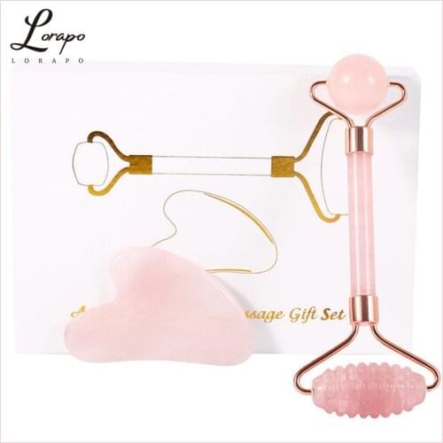 Facial Massage Natural Stone Massage Tool Jade Roller Scraper Set Powder Crystal Scraper Massage Rose Quartz Roller Skin Care