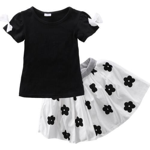 Girls Fashion Outfits Kids Black Pullover T Shirt Floral Skirts Tutu 2PCS Set Clothes