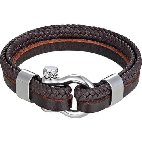 High Quality Stainless Steel Shackle Buckle Leather Survival Bracelets Bangle Men Surf Nautical Sailor Surfer Wristband Jewelry