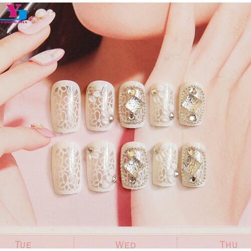 New Sexy Full Lace Fake Nails Strass Unha Pre Design Nail Tips Adhesive Unghie Finte Faux Ongles Avec Colle Acrilico Maquiagem
