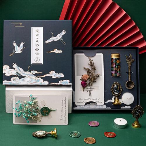 Chinese Style Fire Lacquer Wax Gift Box Retro Sealing Wax Beads Candle Spoon Stamp Wax Kit for Wedding Invitation Envelope Decor
