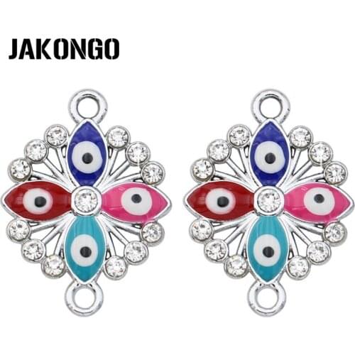 JAKONGO Silver Plated Crystal Flower Evil Eye Connector for Jewelry Making Bracelet Findings DIY Accessories 23x17mm 5pcs