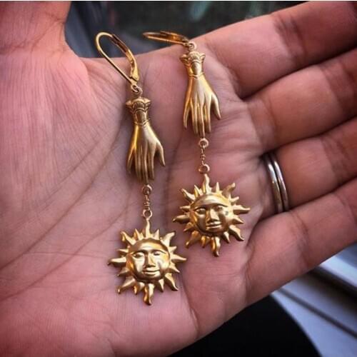 Crescent Sun Earrings Hippie Boho Festival Jewelry Goddess Gold Plated Earrings, Victorian Hands Witchy Jewelry