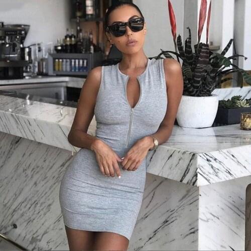 Simple Sleeveless Bodycon Zipper Mini Dresses 2021 Summer Solid Street Casual Rib Package Hip Dress Elastic Slim Wear Sundress