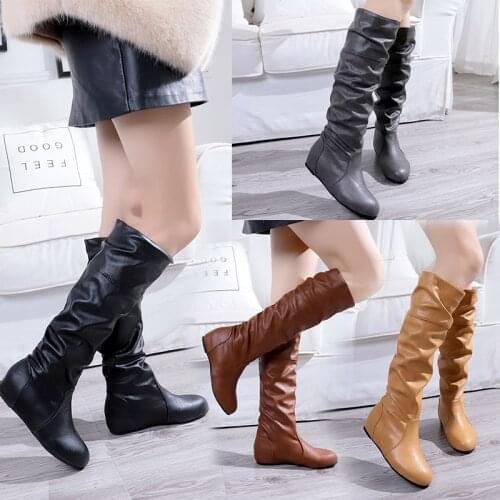 Lasyarrow Over The Knee Boots Women Pu Elastic Boots Female Round Toe Shoes Concise Flat Shoes Autumn Winter 2021 Plus Size 43