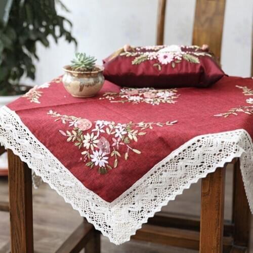 DIY 90 X 90cm Handicraft Embroidery Pastoral Style Linen Rectangular Lace Table Cloth Cover Home Decor Dining Table