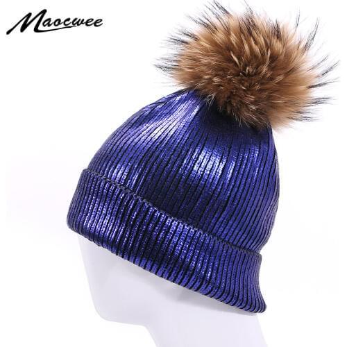 PomPon Hat Shiny Womens Hat Beanie Hat Knit Hot Stamping Hat Cuff Rainbow for Girls Spring Autumn Winter Warm Skull Hats Female