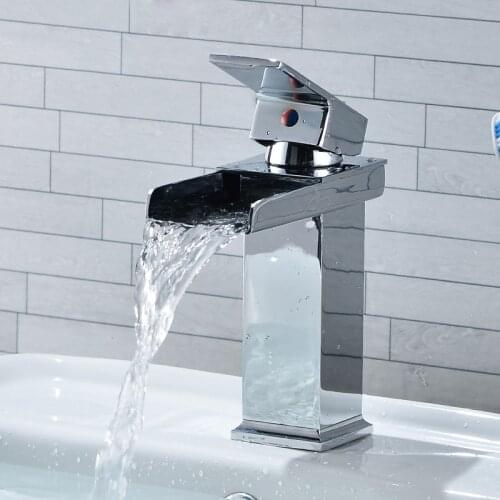Bathroom Basin Faucet Square Waterfall Spout Sink Tap Single Lever Cold and Hot Water Mixer Tap Deck Mounted Wash Basin Faucet