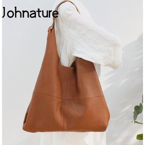 Johnature Genuine Leather Soft Large Capacity Casual Tote 2021 New Versatile Women Shopping Bag Nature Cowhide Shoulder Bags