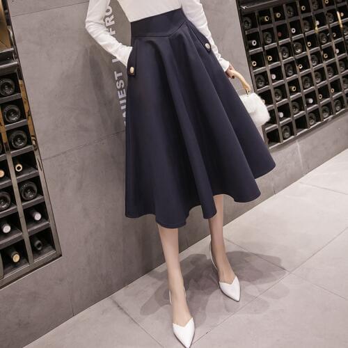 2021 Spring Skirts Womens High Waist A Line Big Swing Midi Skirt Korean Pockets Office Lady Elegant Women Skirt Jupe Femme Falda