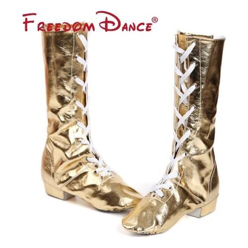 3cm Heel High Dance Bootie Jazz Boots For Female Leather Upper Gold White Sliver Color Ballet Yoga Fitness Jazz Dancing Shoes