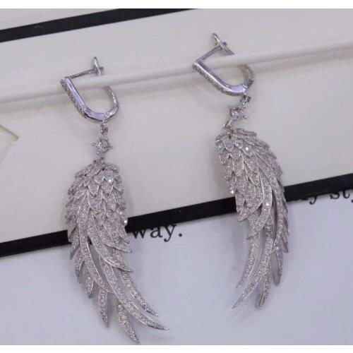 SLJELY 925 Sterling Silver Angel Wings Earrings Women Full Micro Cubic Zirconia Feather Earring Luxury Brand Design Jewelry
