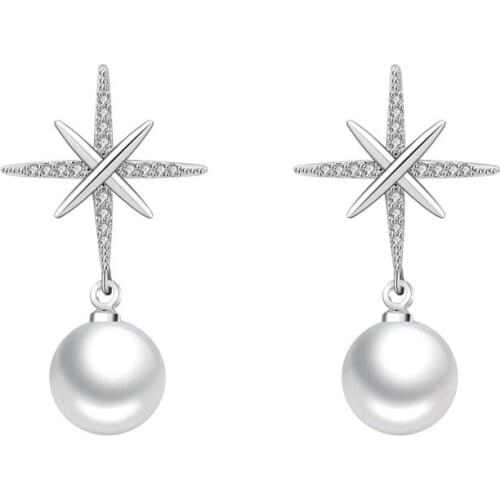 Trendy Cubic Zirconia White Round Pearl Earrings Silver Color Cute Star Kpop Earrings For Women Simple Wedding Jewelry