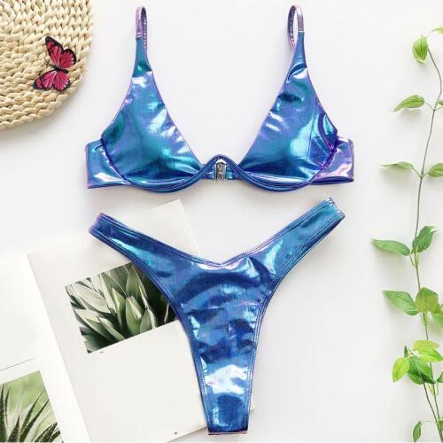 Women Summer Sexy Brazilian Bikini Set Holographic Shiny Metallic Swimsuit Push Up Padded Underwire Beach Bathing Suit 2020
