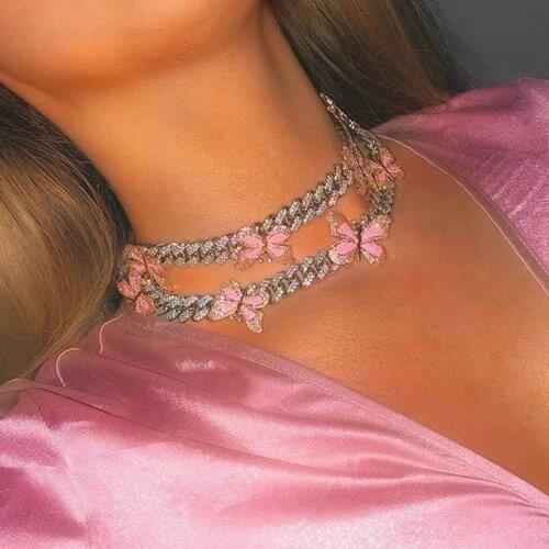 Wholesale colorful Enamel Butterfly Charm Necklace 12mm Iced Out Bling CZ Miami Cuban Link Chain Butterfly Choker Women Jewelry