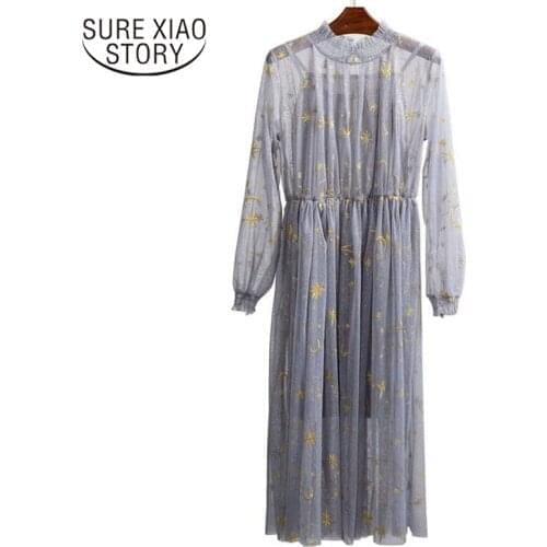 Gray Beige Navy Star Moon Embroidery Mesh Long Sleeve Stand Collar Midi Elegant Sweet Party Loose Dress Runway Vestidos 12992