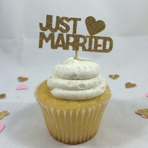 Gold Glitter just married Cupcake Toppers .wedding party bridal shower Cupcake topper Decor. Birthday wedding party cake topper