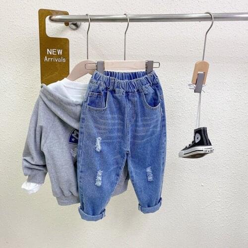 2021 Korea style girls boys denim holes pants autumn fashion kids long jeans pants 2-8 years