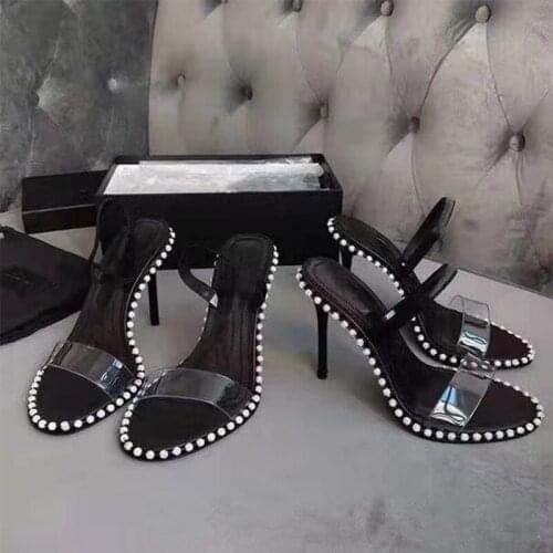 Casual Designer sexy lady black studded spikes rivets strappy high heels sandals party shoes