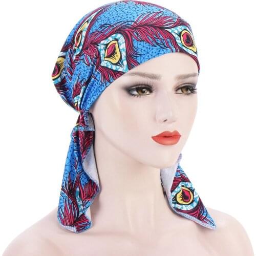 Europe United Head Scarf Headwraps for Women States New Cloth Arc Cashew Feathers Cap Two Horns Cap Stretch Turban Hat