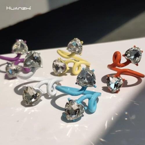 HUANZHI 2021 New Colorful Dripping Oil Glaze Rhinestone Rings Irregular Snake Shaped Opening Ring for Women Girls Party Jewelry