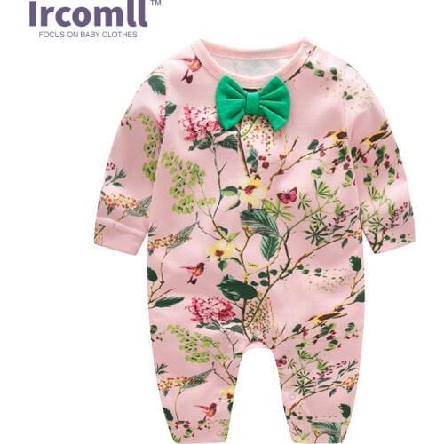 Ircomll 2018 Spring Cotton Infant Baby Rompers Long-sleeved Cute Print Graffiti Tie Bow Newborn Baby Body suit Lucky Child Cover