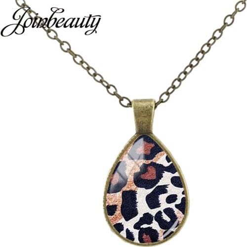JOINBEAUTY New Fashion Leopard Print Tear Drop Necklace Water Drop Pendant Glass Cabochon Long Chain Charm Women Jewelry TX01