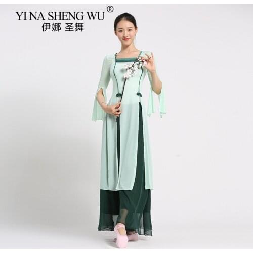 Chinese Stylel Dance Wear Women One Piece Long Top Transparent Mesh Cheongsam Shirt Light Weight Flowy Classical Dance Clothing
