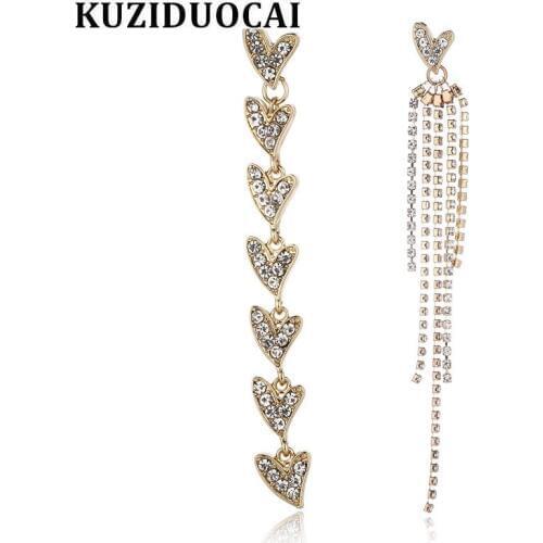 Kuziduocai New Fashion Fine Jewelry Will Not Fade Tandem Heart Tassel Long Steel Ear Pin Stud Earrings For Women Brincos E-1353
