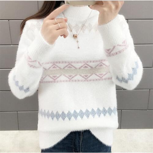 2020 New Autumn Women Fashion Half Turtleneck Sweater Loose Casual Patchwork Faux Mink Fur Cashmere Knitting Pullovers W534