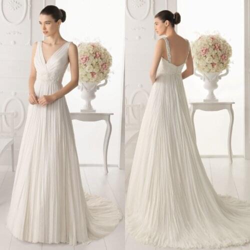 New Pretty A-Line V-Neck Long White Ivory Wedding Dress Bridal Gown Straps Bridal Wedding Gown Floor Length Backless Button