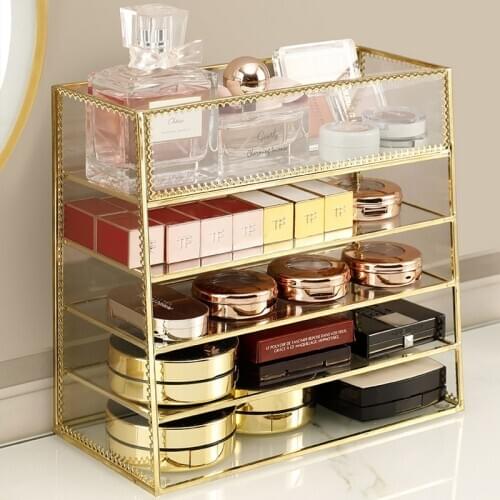 Golden Glass 5 Grid Makeup Organizer Storage Box Cosmetic Powder Cake Lipstick Eye Shadow Nail Polish Display Stand Rack Holder