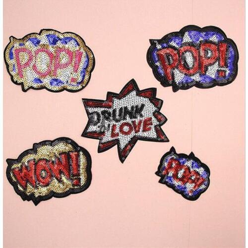 Paillette Sequins Embroidered POP WOW LOVE Patch Clothes Stickers Bag Sew Iron On Applique DIY Apparel Sewing Clothing DIY BU84