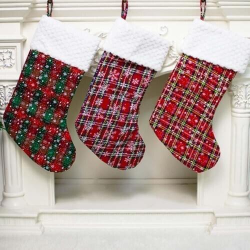 Christmas Stocking Santa Claus Sock Plaid Burlap Gift Holder Christmas Tree Decoration New Year Gift Candy Bags