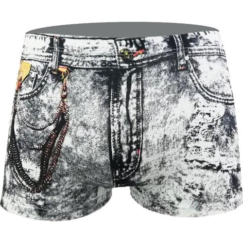 Mens sexy denim printed boxer briefs Fashion mens sexy denim briefs printed pocket boxer briefs underwear трусы мужские X5