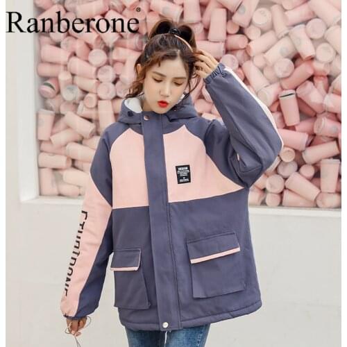 Winter Jacket Women Hooded Thick Warm Sports Jacket Matching Print Long Sleeves Sportswear Coat Female Outerwear Plus Size